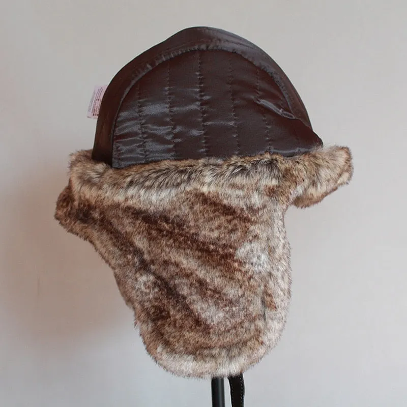 Winter Pilot Aviator Bomber Trapper Hat Faux Fur Leather Snow Cap with Ear Flaps