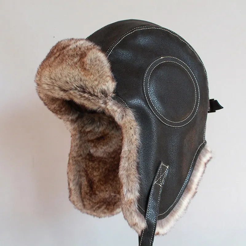 Winter Pilot Aviator Bomber Trapper Hat Faux Fur Leather Snow Cap with Ear Flaps