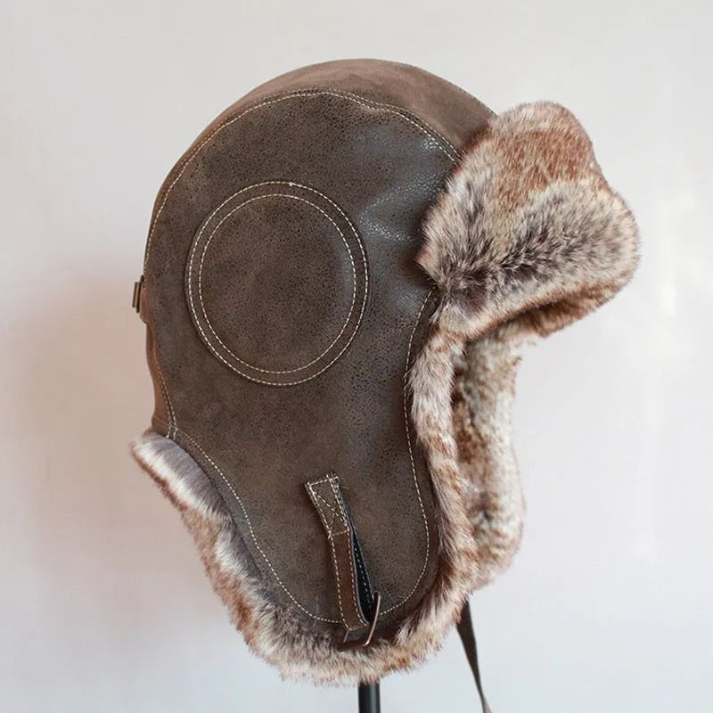 Winter Pilot Aviator Bomber Trapper Hat Faux Fur Leather Snow Cap with Ear Flaps