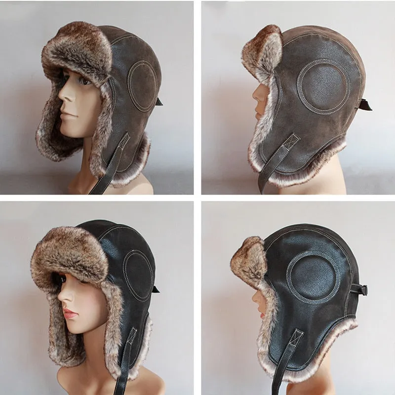 Winter Pilot Aviator Bomber Trapper Hat Faux Fur Leather Snow Cap with Ear Flaps