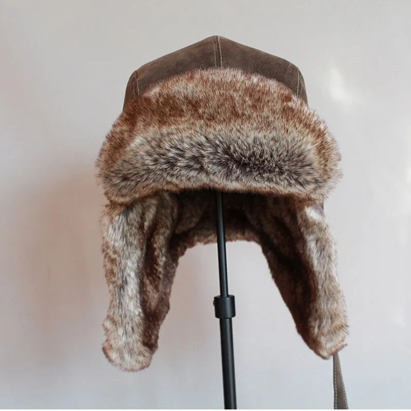 Winter Pilot Aviator Bomber Trapper Hat Faux Fur Leather Snow Cap with Ear Flaps