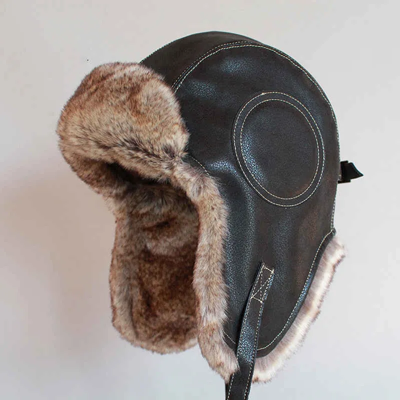 Winter Pilot Aviator Bomber Trapper Hat Faux Fur Leather Snow Cap with Ear Flaps