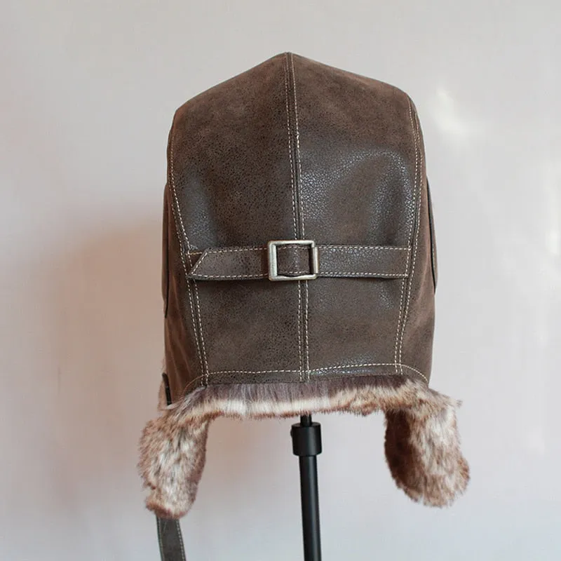 Winter Pilot Aviator Bomber Trapper Hat Faux Fur Leather Snow Cap with Ear Flaps