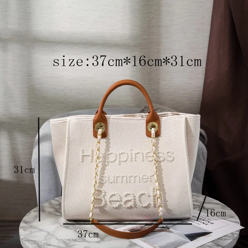 Women's Handmade Bead Embroidery Large Canvas Bag
