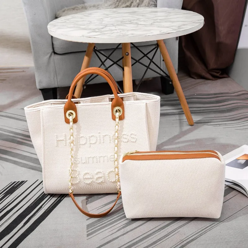 Women's Handmade Bead Embroidery Large Canvas Bag